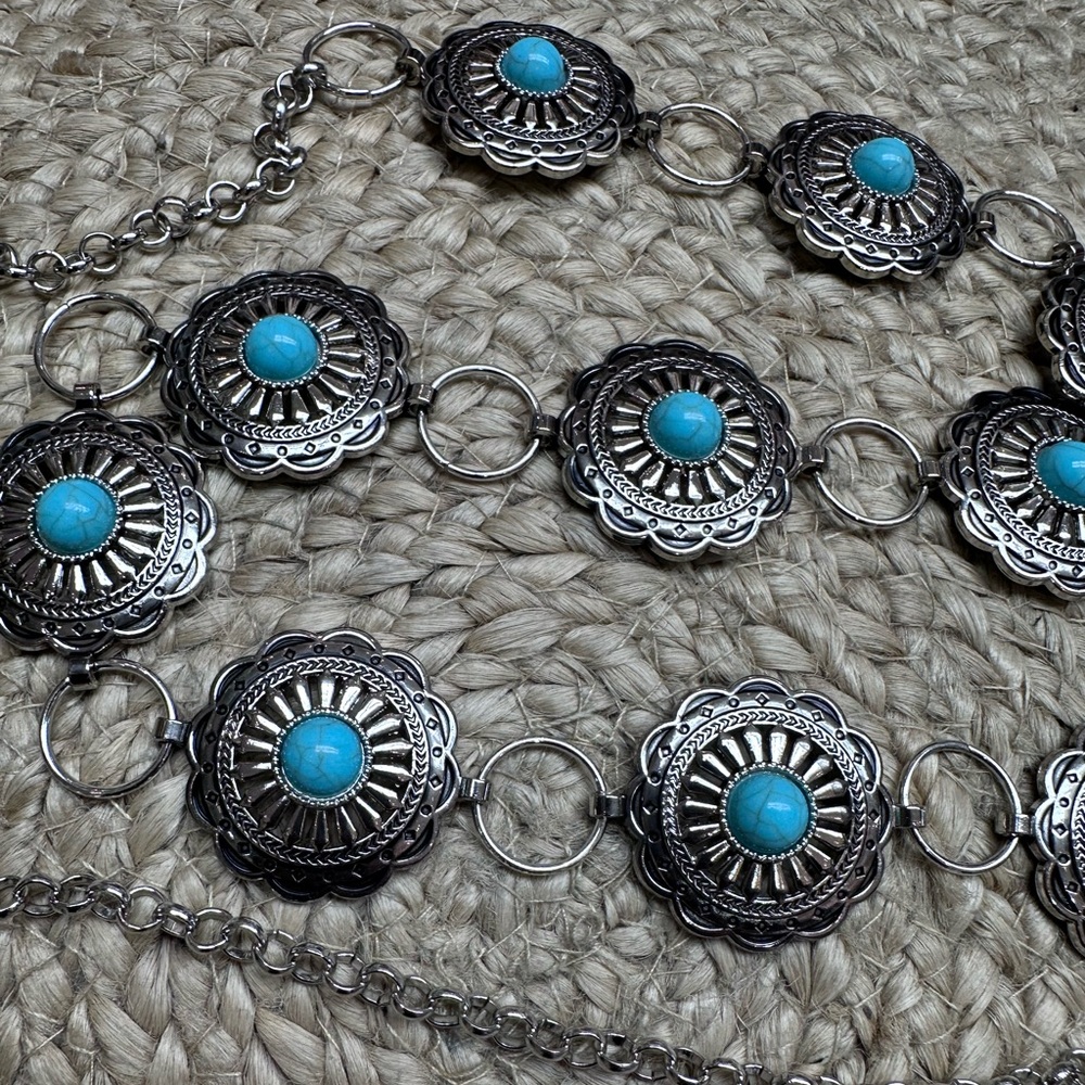 Western Silver and Turquoise Concho Waist Chain Belt for Women - Picture 10 of 10